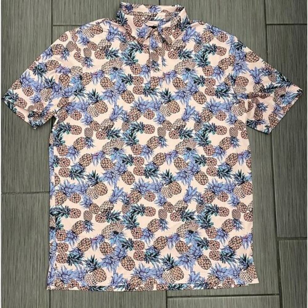 Chase 54 Polo Shirt Mens Medium Pink Background With Pineapples